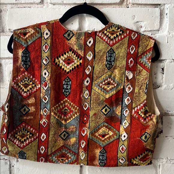 COTTON Vintage Multicolor Southwestern Patterned Vest Rust, Olive, Cream beaded - Picture 5 of 7